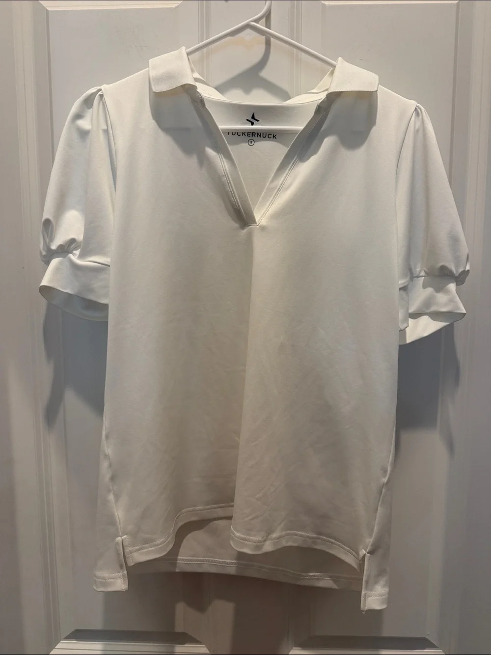 Tuckernuck Tuck Sport White Puff-Sleeve Polo Blouse Small